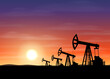Petroleum rigs at sunset. Oil drill background. Vector illustration.