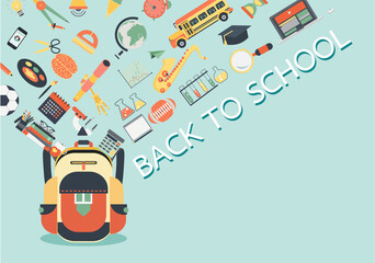 Wall Mural - School stuffs flowing into school bag with copy space. Back to school concept for background,banner,poster and design element. Vector illustration
