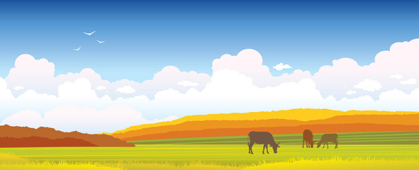 vector autumn landscape - cow, forest, meadow.