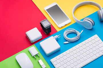 well organised white office objects on colorful background