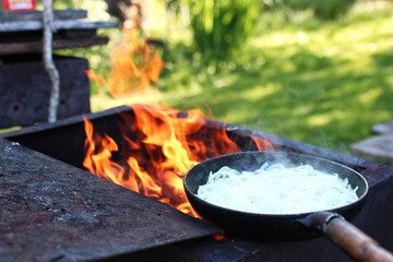 Wall Mural - onion fry on fire outdoors