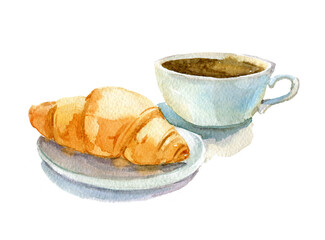 Coffee cup with croissant, watercolor illustration, isolated on white background, perfect for invitations, cards, dinners and menu templates.