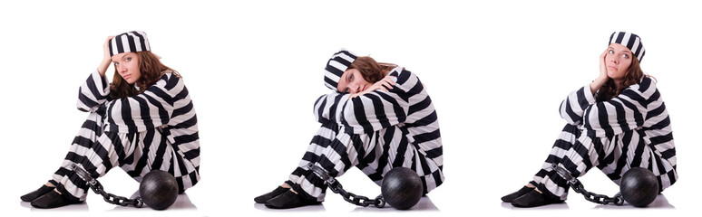 Wall Mural - Prisoner in striped uniform on white