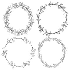 Wall Mural - Doodle Wreaths with Branches, Herbs, Plants and Flowers