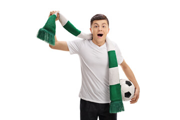 Poster - Overjoyed teenage soccer fan with a scarf and a football