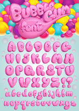 Font Bubble Gum. Vector Set Of Pink Cartoon Letters. Illustration Of Sweet Bubble Symbols Alphabet