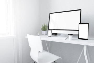 Wall Mural - devices on white minimal workspace