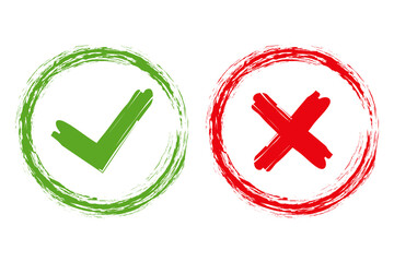 Poster - Tick and cross brush signs. Green checkmark OK and red X icons, isolated on white background. Simple marks graphic design. Symbols YES and NO button for vote, decision, web. Vector illustration