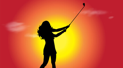 Sticker - Vector silhouette of woman who play golf at sunset.