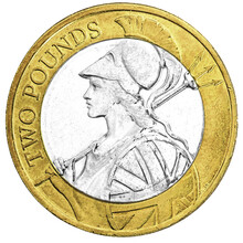 UK Two Pound Coin With Britannia Design In Closeup