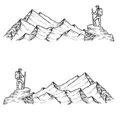 Wall Mural - Set of hand drawn vector illustrations the mountains with a tourist in engraving style