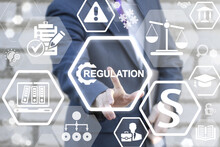 Regulation Compliance Rules Law Standard Business Service Concept. Man Touched Regulations Gear Icon On Virtual Screen. Justice Security People Web Network Judicial Internet Technology. Judge Service.
