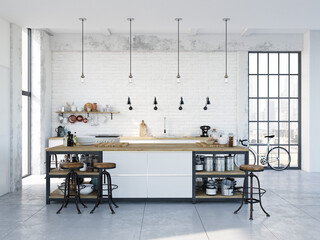 Wall Mural - modern nordic kitchen in loft apartment. 3D rendering