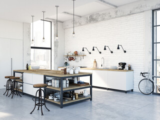 Wall Mural - modern nordic kitchen in loft apartment. 3D rendering