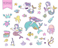 Under The Sea - Little Mermaid, Fishes, Sea Animals And Starfish, Vector Collection