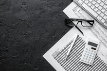 Taxes Accounting In Office Work Space On Dark Desk Background Top View Mockup