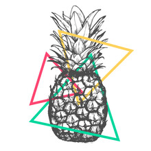 Vector Hand Drawn Pineapple On White Background. Exotic Tropical Fruit. Sketch. Pop Art. Goods For Invitations, Greeting Cards, Posters.