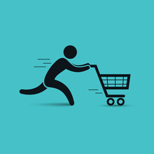 Running Man Pushing Shopping Cart Icon. Vector Shopping Illustration.