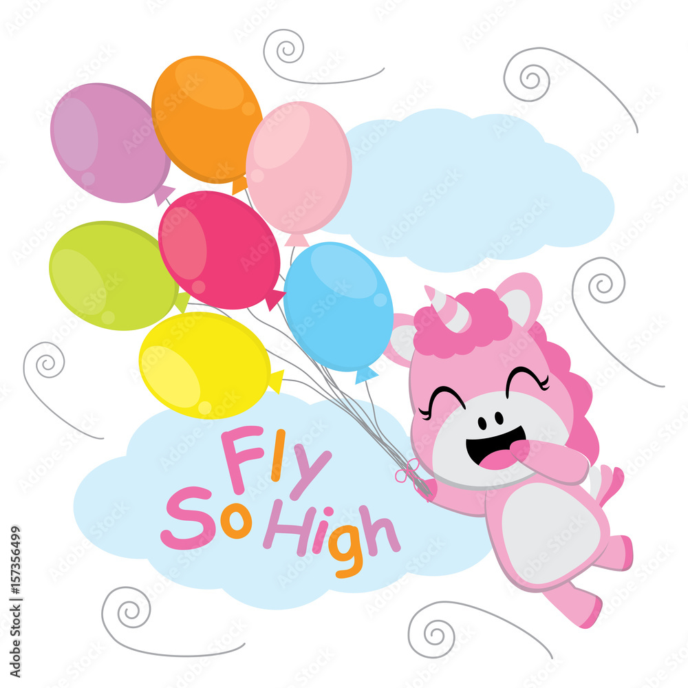 Cute unicorn flies with colorful balloons vector cartoon, Kid postcard ...