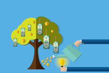 Watering Money Tree With Coins And Insert Idea, Investment Concept