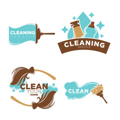 Wall Mural - Cleaning service logo emblems with equipments set on white