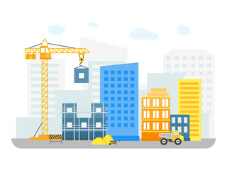 Sticker - Cartoon Constructions Building on Background of City District. Vector