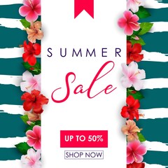 Wall Mural - Summer sale background with tropical flowers