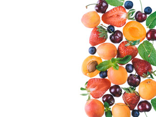 Wall Mural - Apricot and berries isolated, top view, copy space