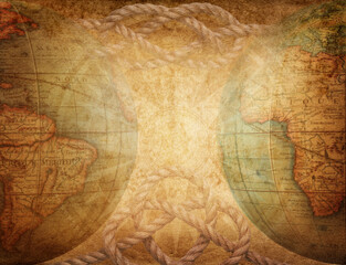Wall Mural - Survival, exploration and nautical theme grunge background. Globe, sea knot on vintage paper.