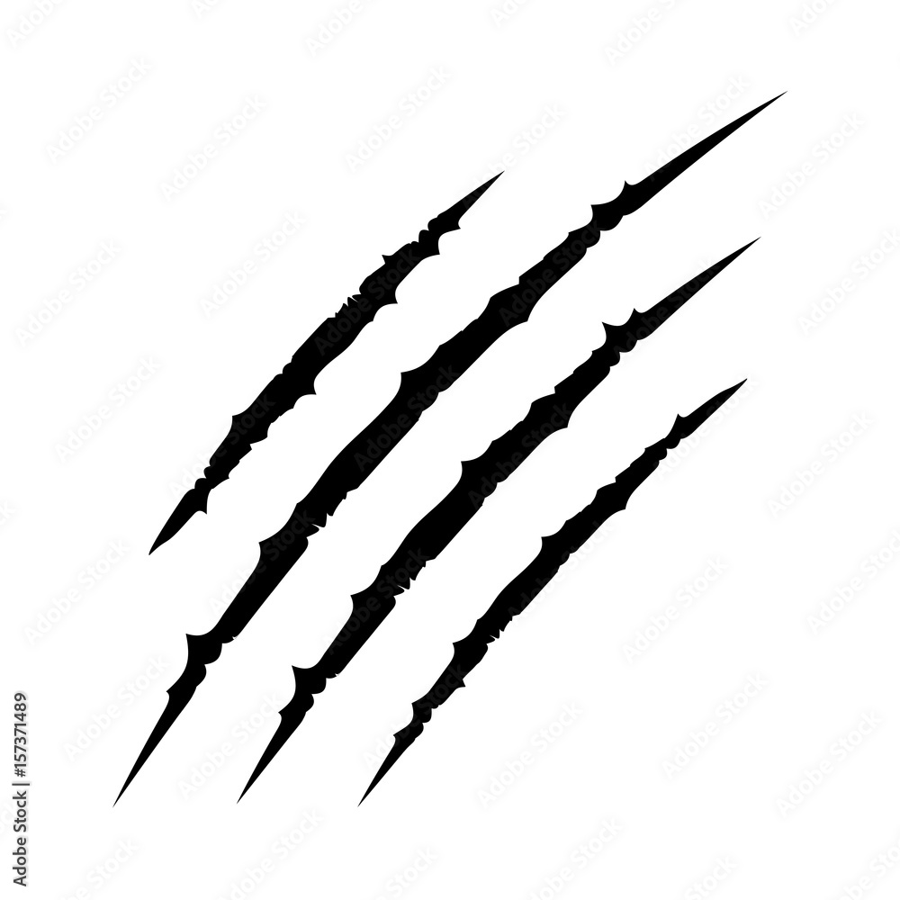 Black bloody claws animal scratch scrape track. Cat tiger scratches paw shape. Four nails trace. Funny design element. Flat design. White background. Isolated. - obrazy, fototapety, plakaty 