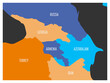 Map of Caucasian region with states of Georgia, Armenia, Azerbaijan, Russia Turkey and Iran. Simple flat vector map in four colors with white country borders and white labels.