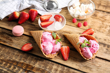 Sticker - Strawberry ice-cream cones on wooden background