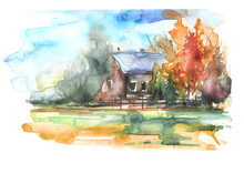 Watercolor Painting - Country View, Nature, House In The Village, Autumn Landscape. Watercolor Landscape With A House And Trees, Fir, Bush, Fence.