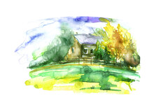 Watercolor Painting - Country View, Nature, House In The Village, Autumn Landscape. Watercolor Landscape With A House And Trees, Fir, Bush, Fence.