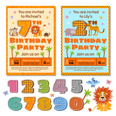 Sticker - Children birthday party invitation card vector template with cute cartoon animals