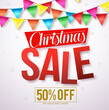 © AmazeinDesign - Christmas sale vector banner design with red text and colorful streamers hanging in white background for holiday promotions. Vector illustration.