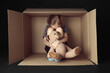 Poor little girl with toy bear sitting in cardboard box on black background