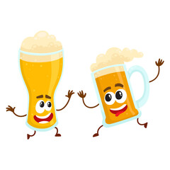 Wall Mural - Funny beer glass and mug character with smiling human face having fun, dancing together, cartoon vector illustration isolated on white background. Cute and funny beer mug and glass characters, mascots