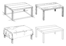 Sketch Set Isolated Furniture. Different Tables. Linear Black Tables On A White Background. Vector Illustration.