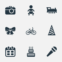 Vector Illustration Set Of Simple Birthday Icons. Elements Confectionery, Resonate, Days And Other Synonyms Speech, Party And Sport.