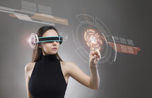 Woman Touching The Virtual Future Interface