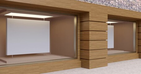 Wall Mural - 4k. storefront with a wooden facade. white promotional poster on brick wall background