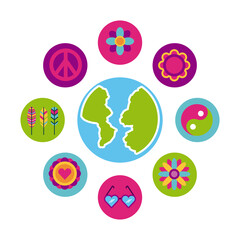 Wall Mural - icons set hippie scenery world map cartoon vector illustration design graphic