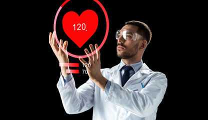 Canvas Print - doctor or scientist with heart rate projection