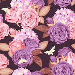 Wall Mural - Beautiful roses and hydrangea seamless