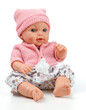 Toy doll child, in pink blouse with pacifier on isolated background