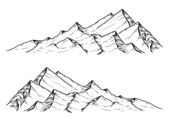 Wall Mural - Set of hand drawn vector illustrations the mountains in engraving style