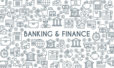 Wall Mural - Banking and finance banner. Design template with thin line icons on theme finance, investment, market research, financial analysis, savings. Vector illustration