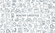 Healthy lifestyle banner. Design template with thin line icons on theme fitness, nutrition and dieting. Vector illustration
