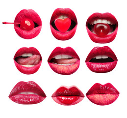 Wall Mural - Collage of female lips on white background. Bright makeup